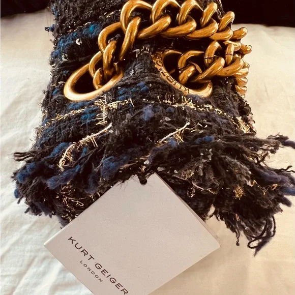 KURT GEIGER NAVY & BLACK EMBELLISHED with Gold Accent Tweed Handbag - Gold Chain - Picture 11 of 16